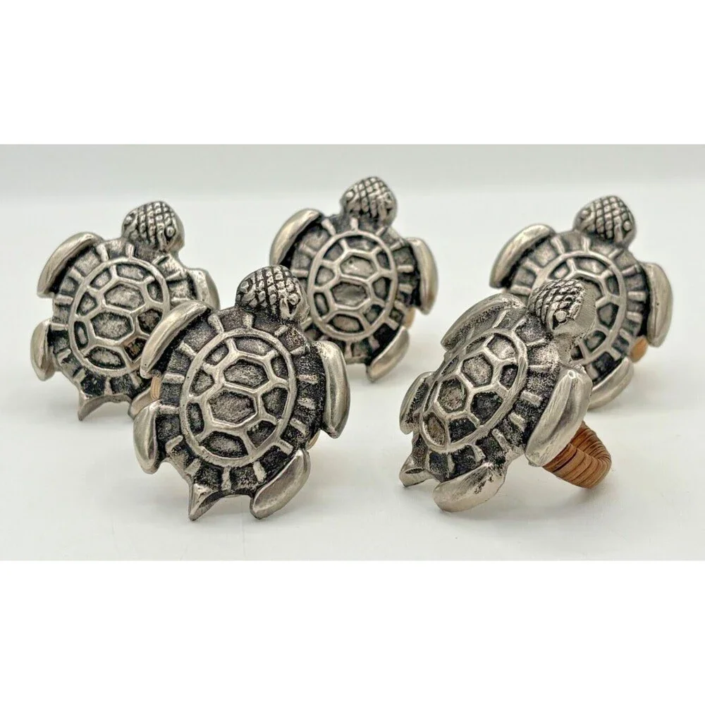 DII Design Imports Beach Sea Turtle Napkin Holder Rings Cast Brass Metal 5-Piece
